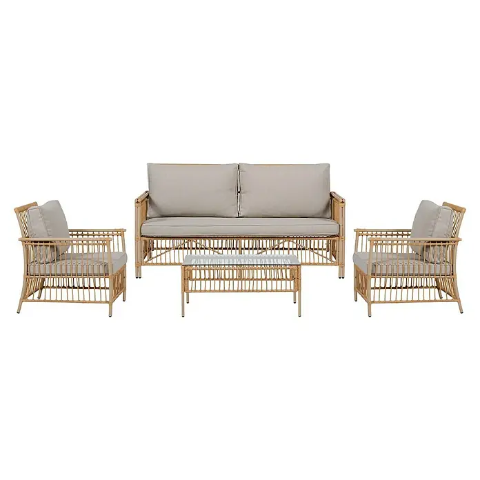 Conjunto de muebles Neel - 4 pzs., Acero/Ratán sintético, Natural/Beige - Elegante conjunto de sofá de ratán que incluye dos sillones y una mesa, perfecto para relajarse al aire libre. El conjunto destaca por su diseño natural.