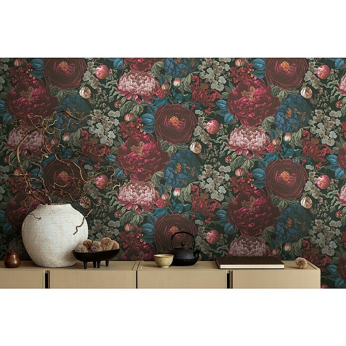 A.S. Création Metropolitan Stories Vliestapete Blüten (Rot-Blau-Schwarz, Floral, 10,05 x 0,53 m) | BAUHAUS