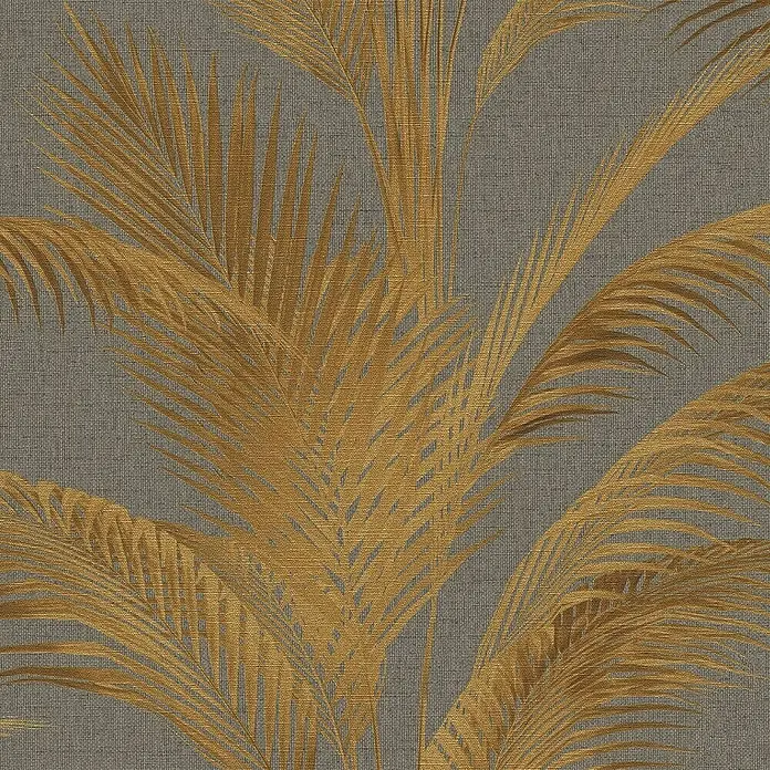 A.S. Création Metropolitan Stories Vliestapete Palmwedel - Grau-Gold-Metallic, Floral, 10,05 x 0,53 m - Nahaufnahme eines Tapetenmusters mit goldenen Palmwedeln auf grauem Stoffhintergrund. Elegantes Design für moderne Innenräume.