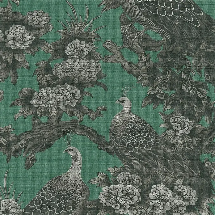 A.S. Création Metropolitan Stories Vliestapete Dschungel - Grau-Grün-Schwarz, Floral, 10,05 x 0,53 m - Tapete mit Pfauenmotiv und Blumen in Grau auf grünem Hintergrund für eine stilvolle Wanddekoration.