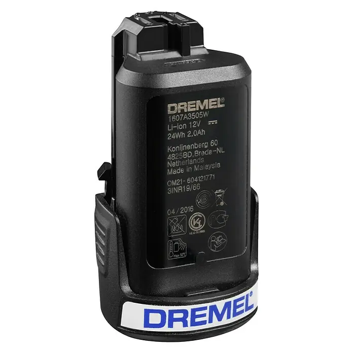 Dremel Akku 880 - 12 V, 2 Ah - Detaillierte Ansicht eines Dremel 12V Li-Ionen-Akkus mit 24Wh Kapazität, ideal für Dremel-Werkzeuge.