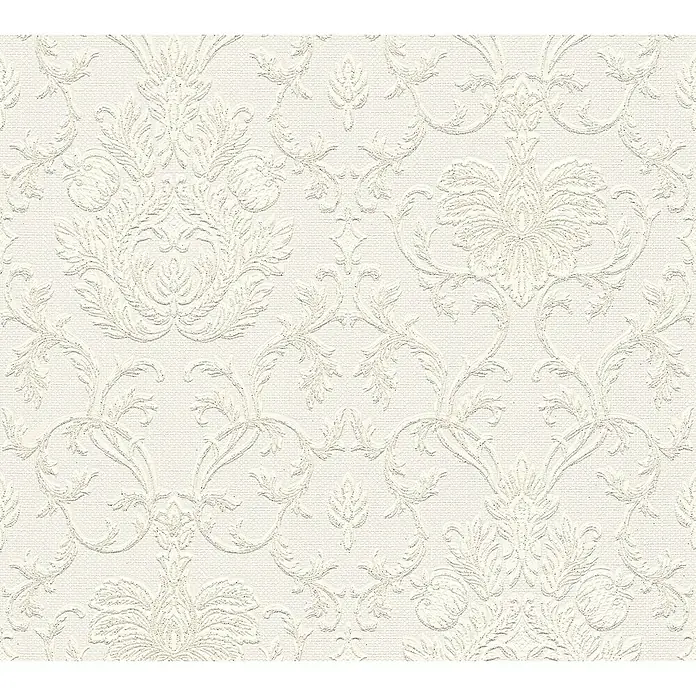 A.S. Création Vliestapete Ornament - Weiß/Beige Glitzer, Ornament, L x B: 10,05 x 0,53 m - Nahaufnahme eines elfenbeinfarbenen Damast-Tapetenmusters mit filigranen, erhabenen floralen Motiven für ein elegantes, strukturiertes Wanddesign.