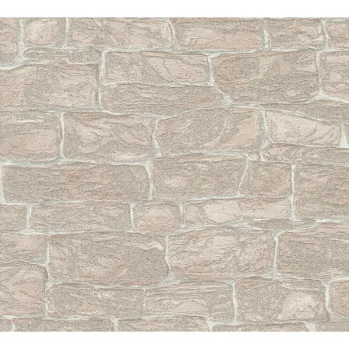 A.S. Création Vliestapete Stein - Beige Glitzer, Steinoptik, L x B: 10,05 x 0,53 m - Nahaufnahme einer beigen Steinmauer mit unregelmäßigen Steinen und hellen Fugen, die eine rustikale und natürliche Optik bietet.