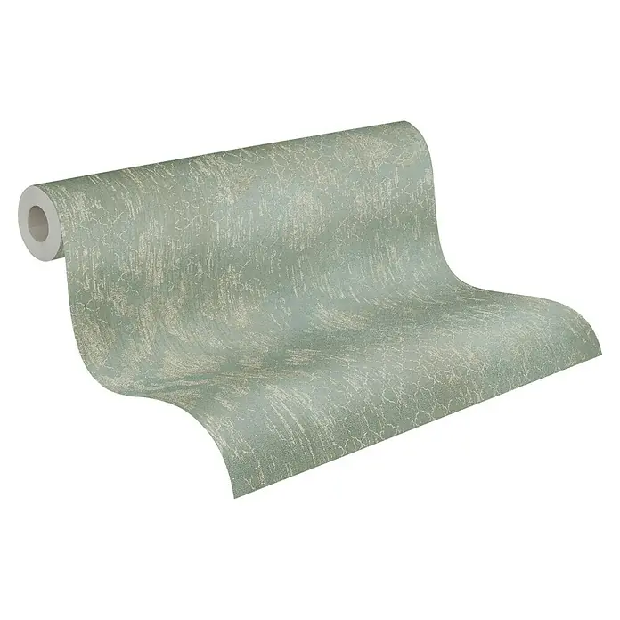 A.S. Création Metropolitan Stories Hot Spots Vliestapete - Grün-Champagner-Metallic, Ornament, 10,05 x 0,53 m - Nahaufnahme einer Rolle trendiger, aquamarinfarbener Tapete mit abstrakter Textur und subtilem Glanz. Ideal für moderne Wohnräume.