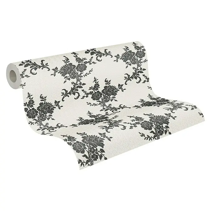 A.S. Création Vliestapete Blüten - Schwarz/Weiß, Floral, L x B: 10,05 x 0,53 m - Eine Rolle eleganter Tapete mit einem floralen Muster. Die Tapete hat ein florales Design in dunklen Tönen auf einem strukturierten, hellen Hintergrund.