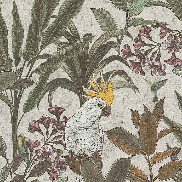A.S. Création Pintwalls 2 Vliestapete Dschungel - Grün-Creme-Rosa, Floral, 10,05 x 0,53 m - Wandbild mit einem Kakadu und tropischen Pflanzen. Elegantes Design mit exotischen Akzenten für stilvolle Wohnräume.