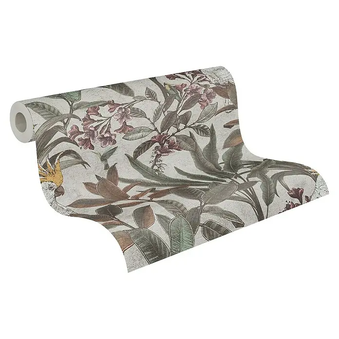 A.S. Création Pintwalls 2 Vliestapete Dschungel - Grün-Creme-Rosa, Floral, 10,05 x 0,53 m - Rolle Dekorative Tapete mit exotischem Dschungelmotiv, mit Papagei und tropischen Blumen. Verschönert jeden Raum mit botanischem Charme.
