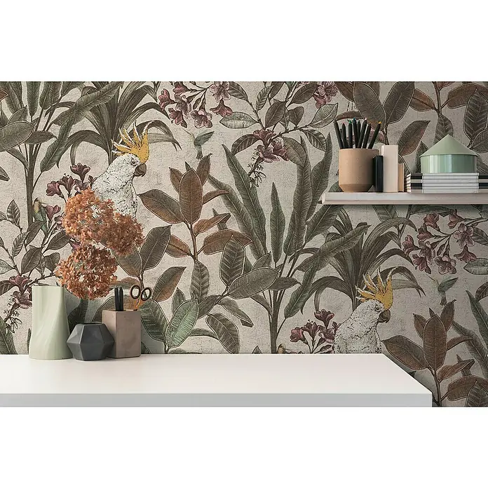 A.S. Création Pintwalls 2 Vliestapete Dschungel - Grün-Creme-Rosa, Floral, 10,05 x 0,53 m - Dekorative Tapete mit Pflanzen, Blumen und Kakadus verleiht jedem Raum einen Hauch von tropischer Eleganz. Ideal für stilvolle Akzente.