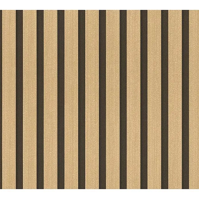 A.S. Création Metropolitan Stories Vliestapete Holzpanel - Hellbraun/Schwarz, Holzoptik, L x B: 10,05 x 0,53 m - Detailansicht einer Tapete mit vertikalen Streifen in Gold und Braun, die eine strukturierte Oberfläche zeigt.