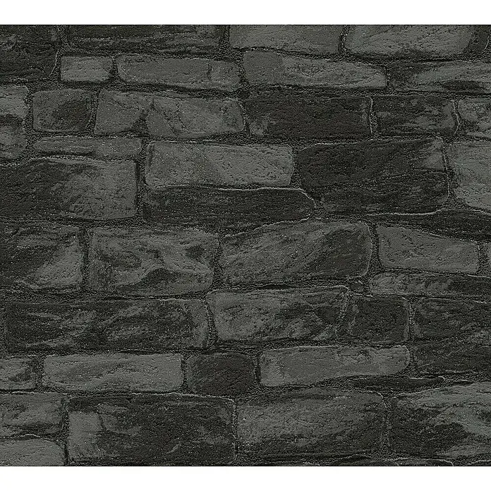 A.S. Création Vliestapete Stein - Schwarz, Steinoptik, L x B: 10,05 x 0,53 m - Nahaufnahme einer dunklen Steinwand-Tapete mit strukturierten Steinen und dunklem Mörtel für ein realistisches Mauerwerk-Design.