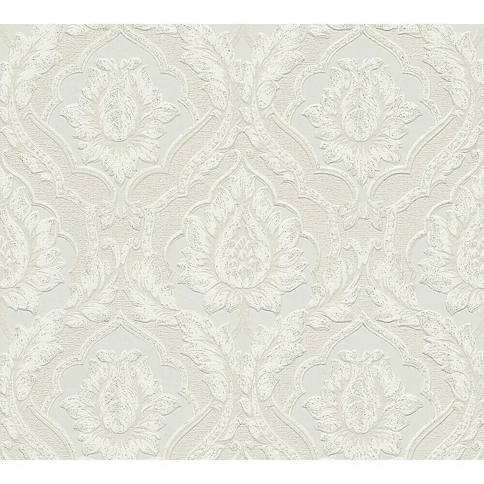 A.S. Création Vliestapete Ornament Barock - Weiß Glitzer, L x B: 10,05 x 0,53 m - Elegante Tapete mit floralem Damastmuster in sanften Weißtönen, die jedem Raum eine edle und luxuriöse Note verleiht.