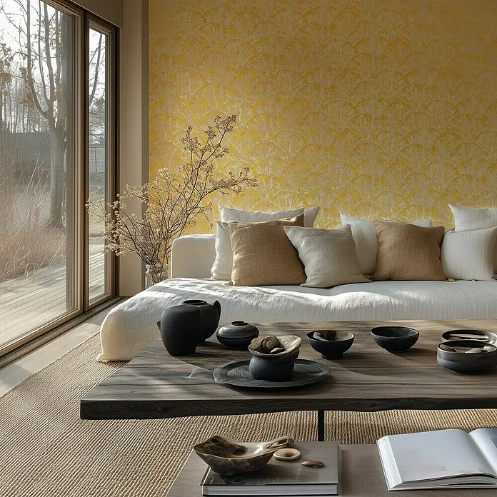 A.S. Création Metropolitan Stories Hot Spots Vliestapete Grafik - Gelb-Creme-Beige, Grafisch, 10,05 x 0,53 m - Wohnzimmer mit hellem Sofa, Holztisch und gelber Wand. Dekorative Keramikschalen und Vasen zieren den Raum.