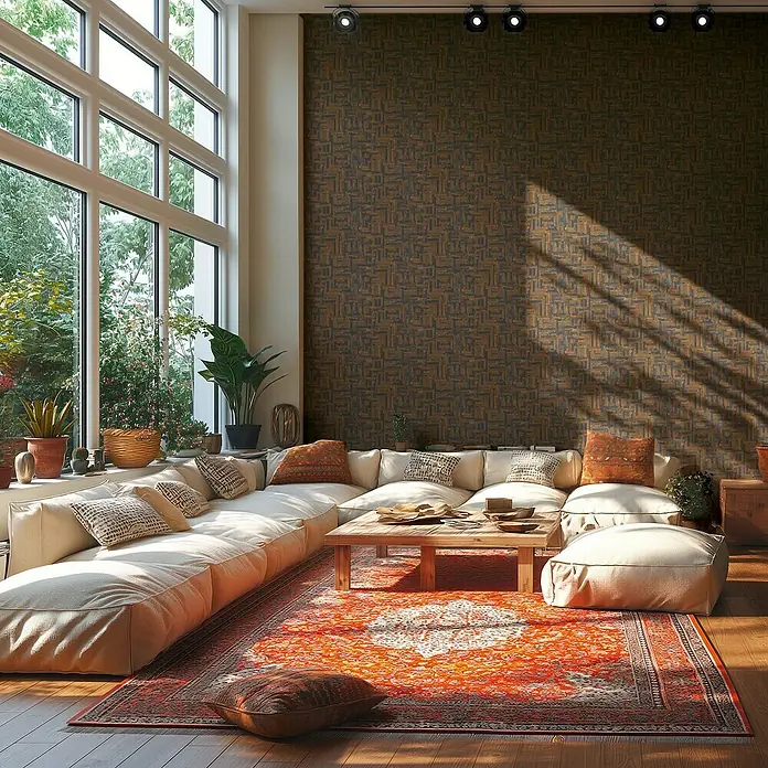A.S. Création Metropolitan Stories Hot Spots Vliestapete Ethno - Braun-Dunkelblau, Grafisch, 10,05 x 0,53 m - Geräumiges Wohnzimmer mit modularem Sofa, rotem Teppich und Holztisch, beleuchtet durch große Fenster und Deckenstrahler.