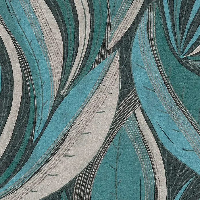 A.S. Création Metropolitan Stories Hot Spots Vliestapete Floral - Blau-Hellgrau-Silber, Floral, 10,05 x 0,53 m - Detailansicht eines Blätterdesigns in Türkis, Grau und Weiß, ideal für Stoffe oder Wandkunst.