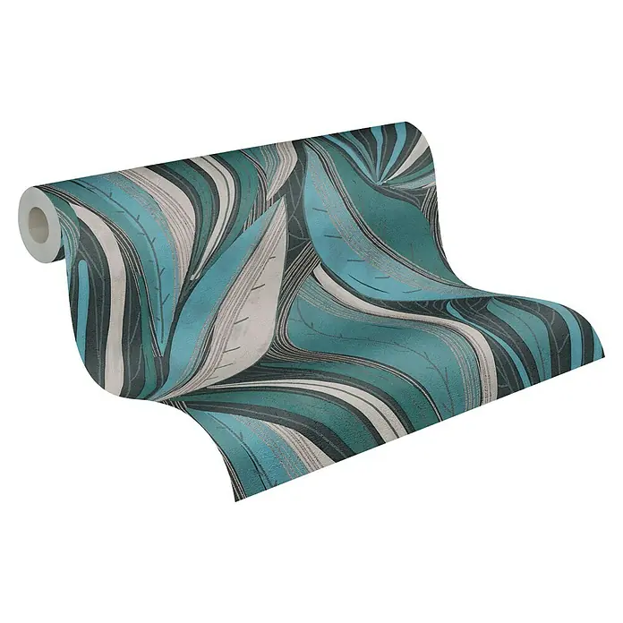 A.S. Création Metropolitan Stories Hot Spots Vliestapete Floral - Blau-Hellgrau-Silber, Floral, 10,05 x 0,53 m - Eine Rolle Dekowallpaper mit einem abstrakten floralen Muster aus türkisen und grauen Blättern auf einem dunklen Hintergrund.