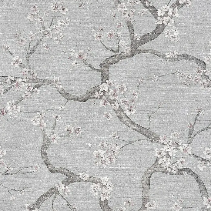 A.S. Création Metropolitan Stories Hot Spots Vliestapete Kirschblüte - Grau-Rosa-Schwarz, Floral, 10,05 x 0,53 m - Zarter Tapetenhintergrund mit stilisierten Ästen und Blüten in Grau- und Rosatönen für eine elegante und natürliche Raumatmosphäre.