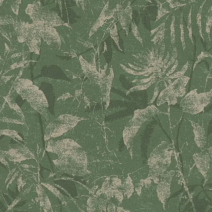 A.S. Création Metropolitan Stories Hot Spots Vliestapete Dschungel - Grün-Gold-Metallic, Floral, 10,05 x 0,53 m - Detailaufnahme einer grünen Tapete mit Blattmuster, die eine ruhige und natürliche Atmosphäre schafft.\n