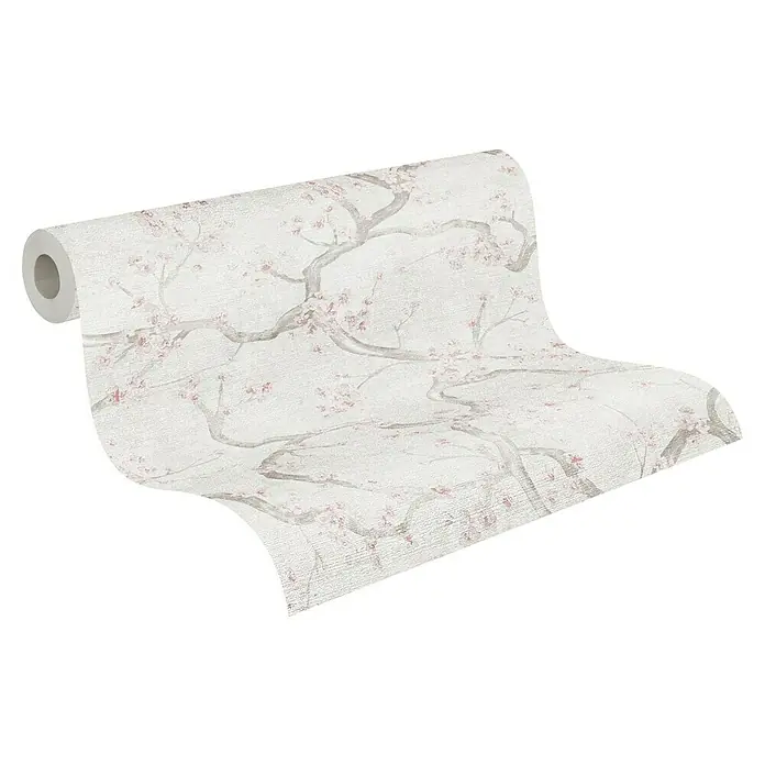 A.S. Création Metropolitan Stories Hot Spots Vliestapete Kirschblüte - Creme-Rosa-Beige, Floral, 10,05 x 0,53 m - Nahaufnahme einer Rolle Vinyltapete mit einem zarten Kirschblütenmuster auf hellem Hintergrund für eine elegante Wandgestaltung.