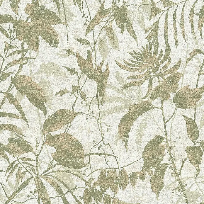 A.S. Création Metropolitan Stories Hot Spots Vliestapete Dschungel - Grün-Creme-Gold, Floral, 10,05 x 0,53 m - Beige botanische Tapete mit grünen und braunen Blättern, ideal für ein natürliches Ambiente.