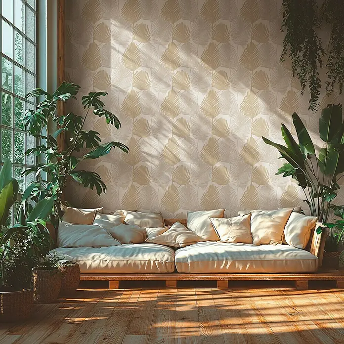 A.S. Création Metropolitan Stories Hot Spots Vliestapete Blätter - Creme-Beige-Grau, Floral, 10,05 x 0,53 m - Einladendes Wohnzimmer mit Palettensofa und exotischer Blättertapete, das Gemütlichkeit und Stil vereint.\n