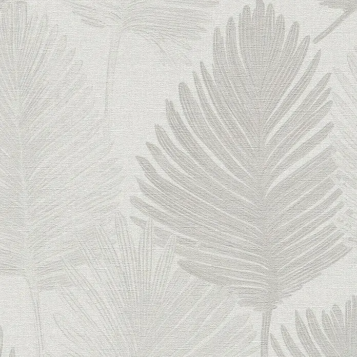 A.S. Création Metropolitan Stories Hot Spots Vliestapete Blätter - Weiß-Hellgrau, Floral, 10,05 x 0,53 m - Hellgraue Tapete mit einem eleganten, zarten Palmenblattmuster, das eine ruhige und stilvolle Atmosphäre schafft.