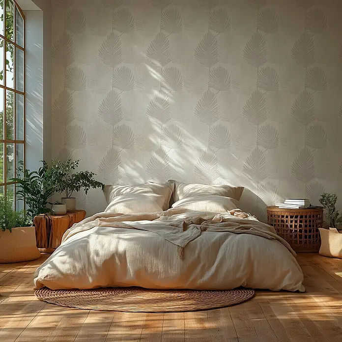 A.S. Création Metropolitan Stories Hot Spots Vliestapete Blätter - Weiß-Hellgrau, Floral, 10,05 x 0,53 m - Elegantes Schlafzimmer mit einer cremefarbenen Bettdecke, die auf einer runden Matte liegt, und einer Wand mit Blattmuster für eine ruhige Atmosphäre.
