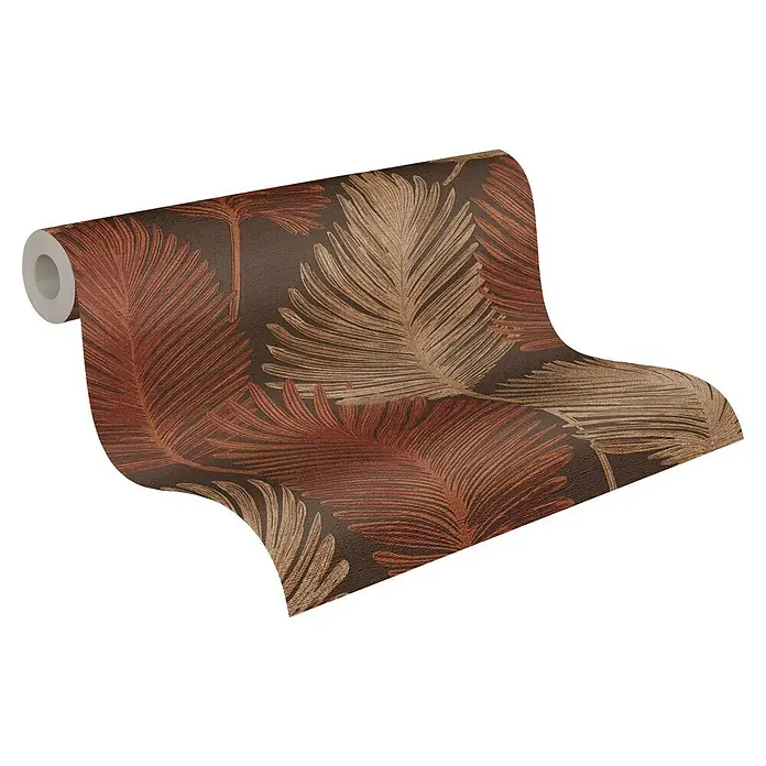 A.S. Création Metropolitan Stories Hot Spots Vliestapete Blätter - Braun-Rot-Beige, Floral, 10,05 x 0,53 m - Eine Rolle braune Palmblatt-Tapete, perfekt für die Dekoration von Wohnräumen und Schlafzimmern mit einem natürlichen Touch.