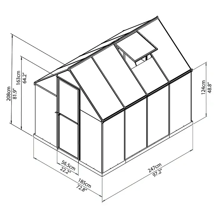 Palram – Canopia Gewächshaus Mythos 6x8 - Außenmaß inkl. Dachüberstand (B x T): 185 x 247 cm, 4 mm, Silber/Transparent - Detaillierte Skizze eines Gewächshauses mit Maßangaben zu Höhe, Breite und Tiefe in Zentimetern und Zoll.