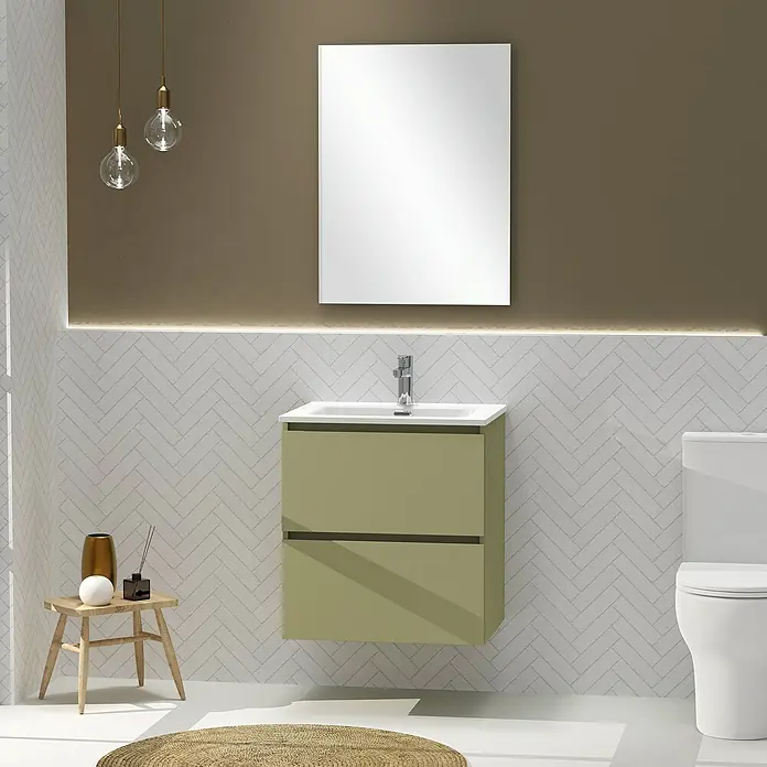 Artysan Conjunto de mueble de baño Harmony - Ancho: 60 cm, Verde cactus, 3 pzs. - Interior de baño con un moderno mueble de lavabo verde oliva, un espejo rectangular y lámparas colgantes decorativas.