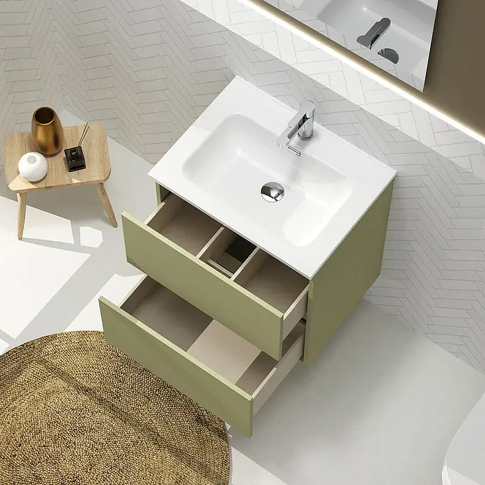 Artysan Conjunto de mueble de baño Harmony - Ancho: 60 cm, Verde cactus, 3 pzs. - Mueble de baño con dos cajones en verde y lavabo blanco, ideal para diseños de baño modernos.