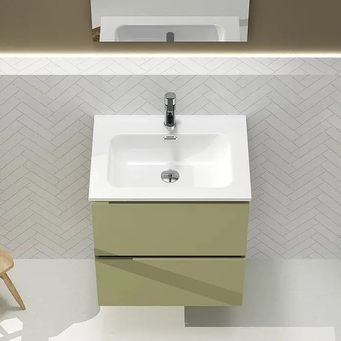 Artysan Conjunto de mueble de baño Harmony - Ancho: 60 cm, Verde cactus, 3 pzs. - Un mueble de lavabo verde oliva con lavabo de cerámica blanca y grifo moderno, ideal para baños contemporáneos.