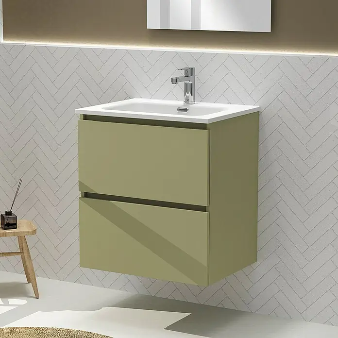 Artysan Conjunto de mueble de baño Harmony - Ancho: 60 cm, Verde cactus, 3 pzs. - Elegante mueble de baño en verde suave con dos cajones y lavabo moderno.