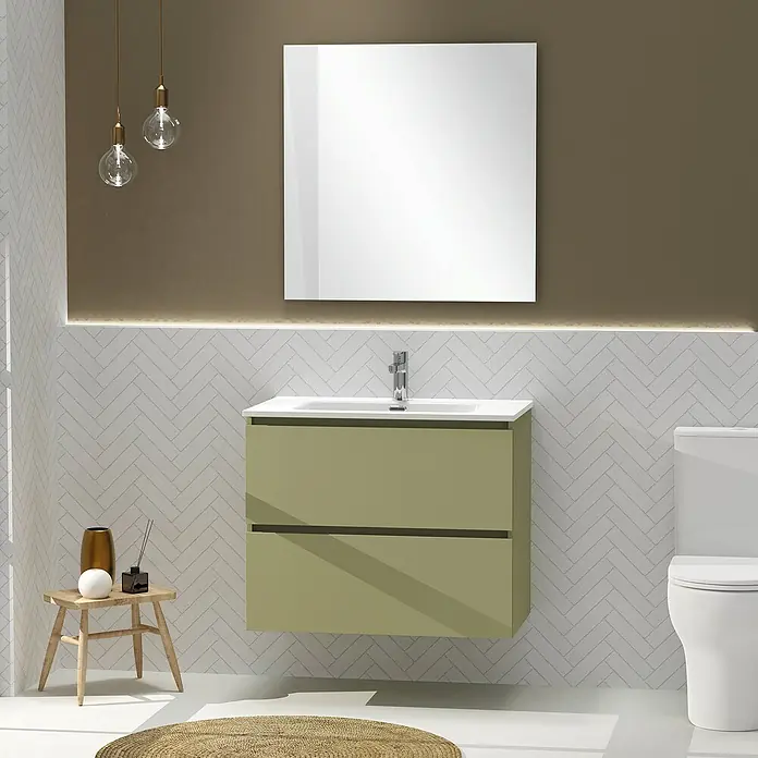 Artysan Conjunto de mueble de baño Harmony - Ancho: 80 cm, Verde cactus, 3 pzs. - Interior de baño con mueble de lavabo verde oliva, lavabo blanco y espejo cuadrado para un ambiente moderno y elegante.