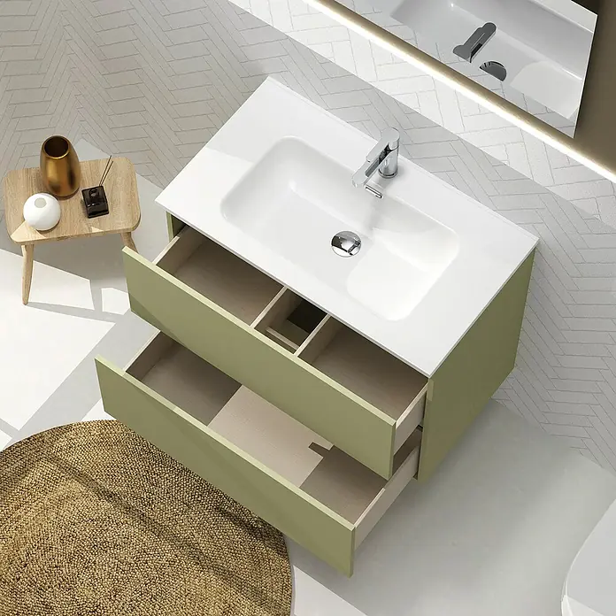 Artysan Conjunto de mueble de baño Harmony - Ancho: 80 cm, Verde cactus, 3 pzs. - Mueble de lavabo moderno con dos cajones y lavabo blanco, perfecto para un baño elegante. El diseño es sencillo y funcional, con almacenaje.
