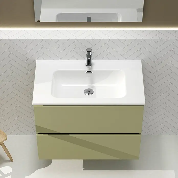 Artysan Conjunto de mueble de baño Harmony - Ancho: 80 cm, Verde cactus, 3 pzs. - Un tocador moderno con un mueble de color claro, un lavabo blanco y un grifo, todo ello sobre una pared estampada.