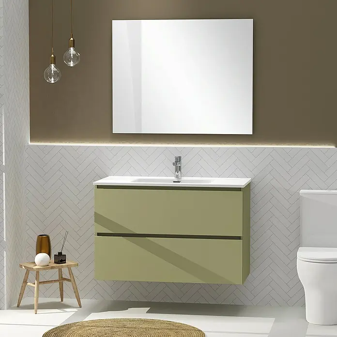 Artysan Conjunto de mueble de baño Harmony - Ancho: 100 cm, Verde cactus, 3 pzs. - Configuración de baño con un moderno mueble de lavabo flotante verde oliva, un espejo grande y lámparas minimalistas.