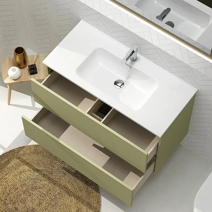Artysan Conjunto de mueble de baño Harmony - Ancho: 100 cm, Verde cactus, 3 pzs. - Mueble de baño moderno en verde con dos cajones abiertos y lavabo sobre encimera blanco.