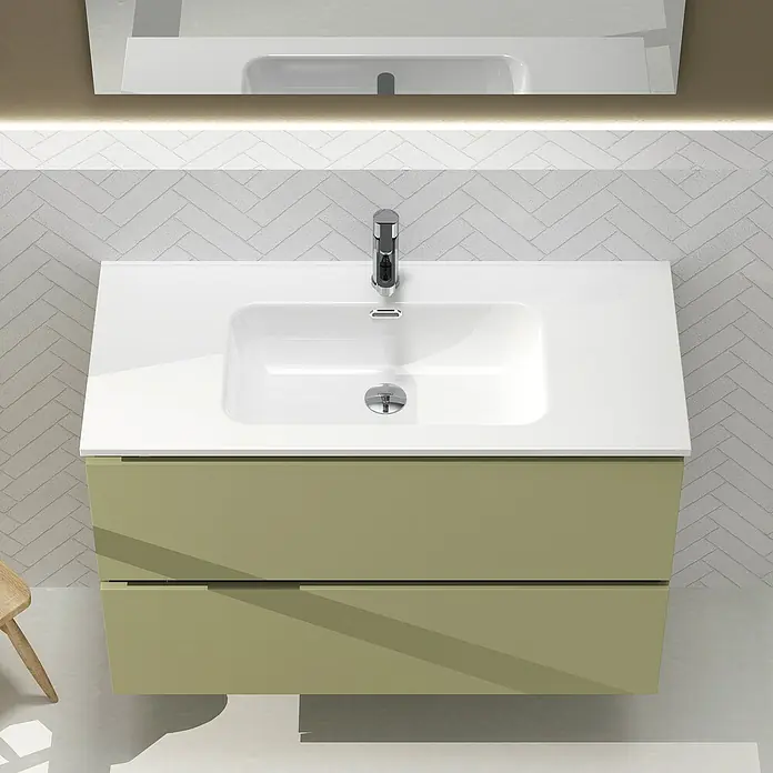 Artysan Conjunto de mueble de baño Harmony - Ancho: 100 cm, Verde cactus, 3 pzs. - Lavabo de baño moderno con dos cajones verde oliva y lavabo blanco encastrado. Perfecto para un baño con estilo.