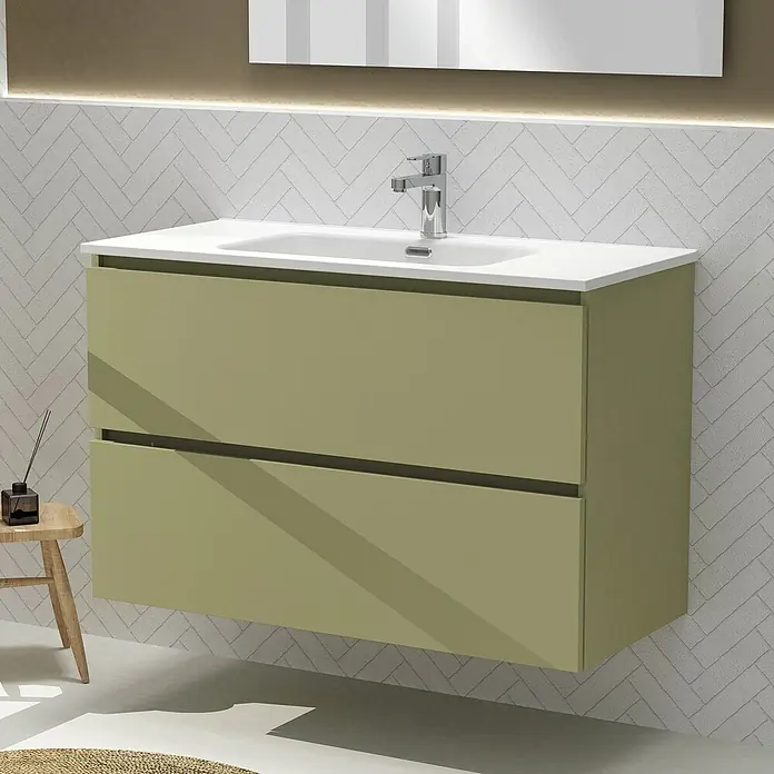 Artysan Conjunto de mueble de baño Harmony - Ancho: 100 cm, Verde cactus, 3 pzs. - Elegante conjunto de muebles de baño con base verde oliva y lavabo blanco. Diseño moderno para baños con estilo.