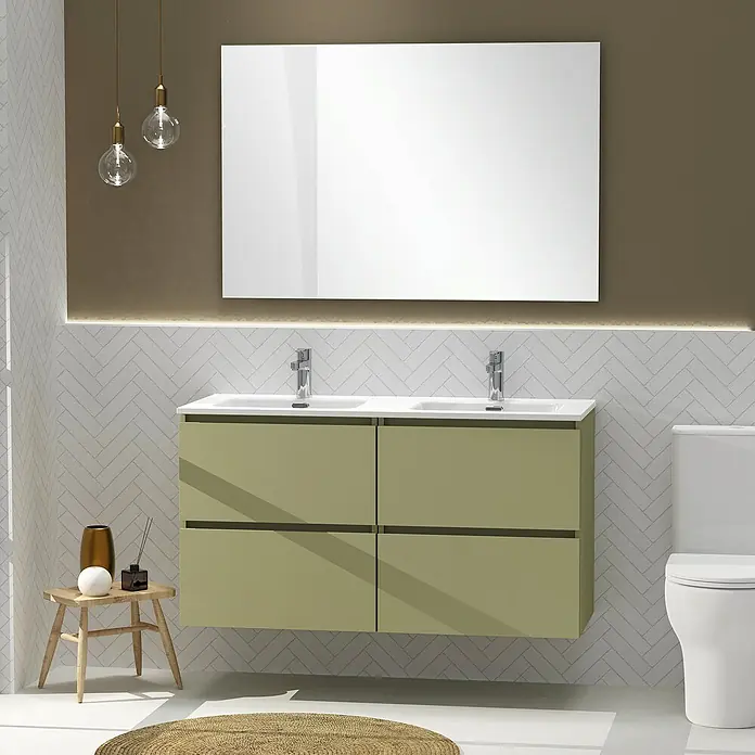 Artysan Conjunto de mueble de baño Harmony - Ancho: 120 cm, Verde cactus, 3 pzs. - Interior de baño con tocador verde con doble lavabo, espejo grande y elementos decorativos.
