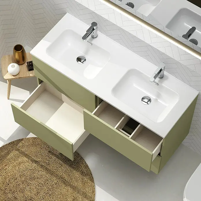 Artysan Conjunto de mueble de baño Harmony - Ancho: 120 cm, Verde cactus, 3 pzs. - Moderno mueble de baño con lavabo doble, cajones abiertos y elegante área de almacenamiento para un baño contemporáneo.