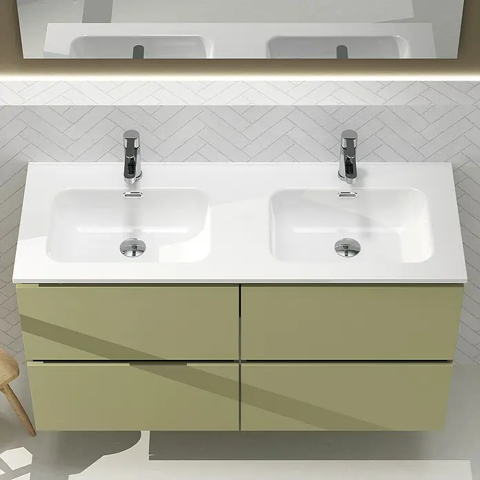 Artysan Conjunto de mueble de baño Harmony - Ancho: 120 cm, Verde cactus, 3 pzs. - Mueble de baño doble verde oliva con lavabos blancos y dos grifos cromados para un diseño de baño moderno.