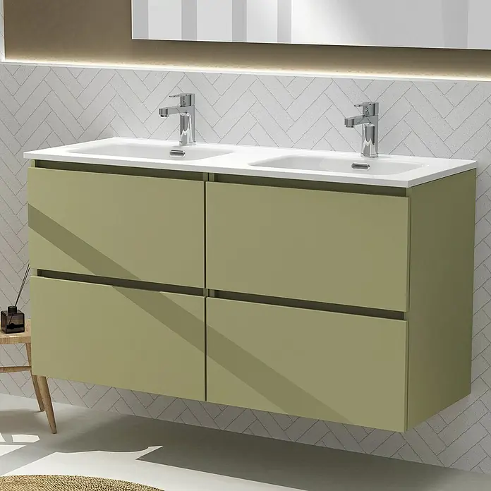 Artysan Conjunto de mueble de baño Harmony - Ancho: 120 cm, Verde cactus, 3 pzs. - Baño moderno con tocador color oliva, lavabos dobles y grifería elegante, creando un espacio funcional y con estilo.