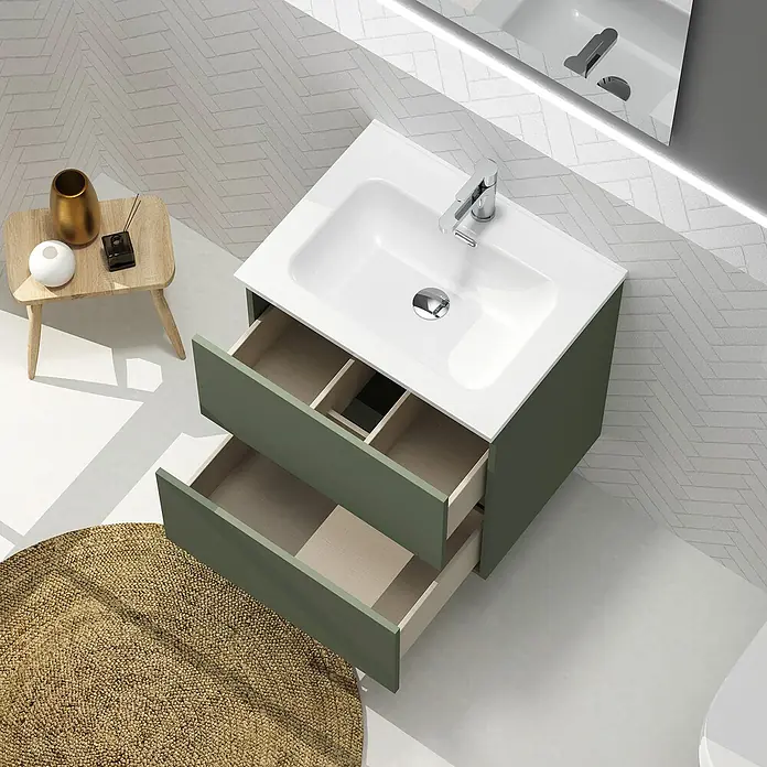 Artysan Conjunto de mueble de baño Harmony - Ancho: 60 cm, Verde musgo, 3 pzs. - Lavabo de baño moderno con mueble verde y cajones abiertos, ideal para un diseño de baño elegante y soluciones de almacenamiento prácticas.