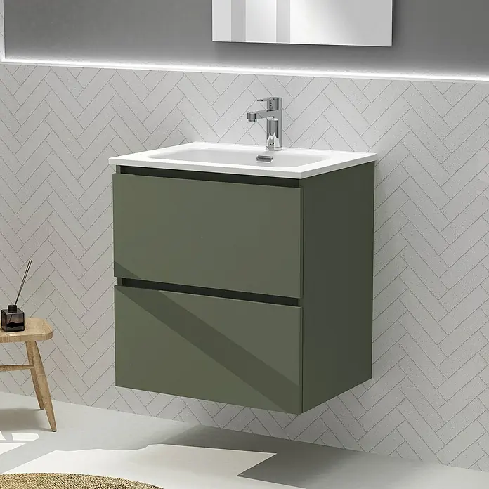 Artysan Conjunto de mueble de baño Harmony - Ancho: 60 cm, Verde musgo, 3 pzs. - Imagen de un moderno mueble de baño con dos cajones en un baño.