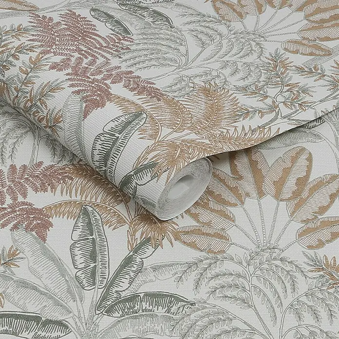 Papel pintado Botánico Palmeras - Beige, Floral, 10 x 0,53 m - Un rollo de papel pintado elegante con diseños de plantas tropicales en tonos marrones, verdes y grises sobre un fondo claro. Perfecto para añadir un toque natural a cualquier estancia.