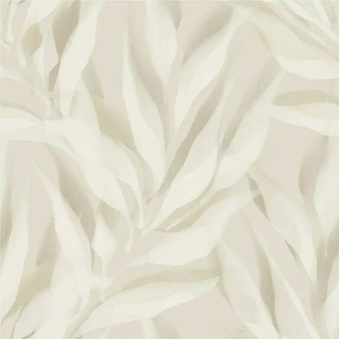 Papel pintado Vegetal Hojas - Beige, Floral, 10 x 0,53 m - Patrón sin costuras con delicadas formas de hojas blancas sobre un fondo beige, ideal para diseños elegantes y sutiles.