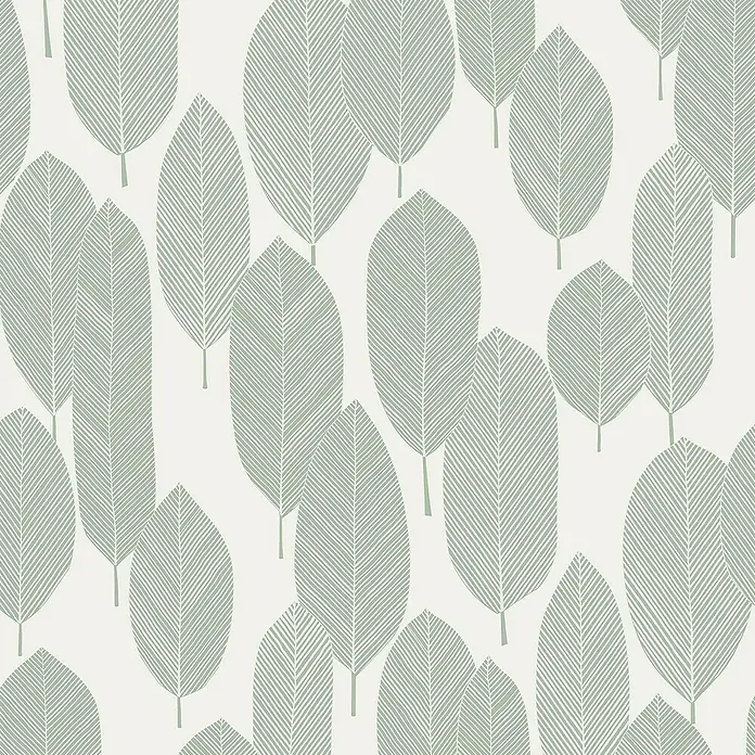 Papel pintado Vegetal Hojas Bosque - Verde, Floral, 10 x 0,53 m - Patrón de papel pintado de hojas verdes que crea un ambiente sereno y natural para cualquier espacio. Líneas meticulosas forman un aspecto botánico moderno.