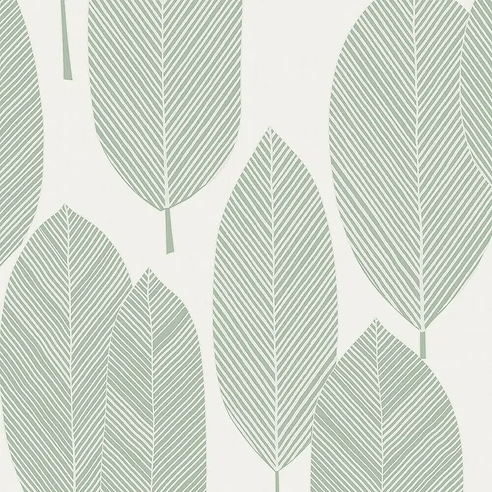 Papel pintado Vegetal Hojas Bosque - Verde, Floral, 10 x 0,53 m - Patrón de hojas abstractas en tonos verdes suaves sobre fondo claro. Decoración de pared con diseño botánico moderno para un hogar elegante.