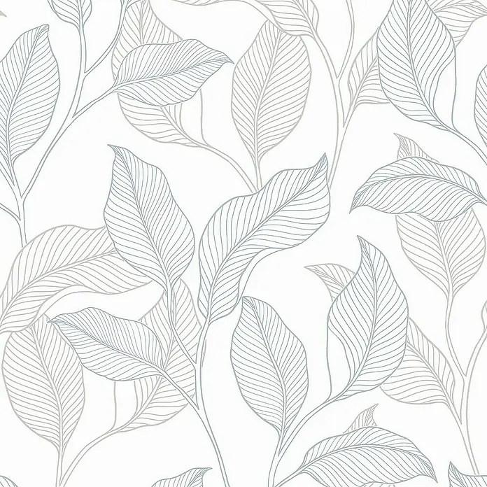 Papel pintado Vegetal Hojas - Azul, Floral, 10 x 0,53 m - Elegante patrón de papel pintado de hojas en tonos azules y beige creando un ambiente sereno y elegante para cualquier habitación.